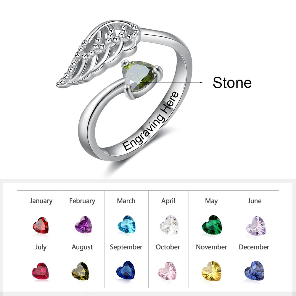 Anillo grabado personalizado de Color plateado con piedra natal de corazón