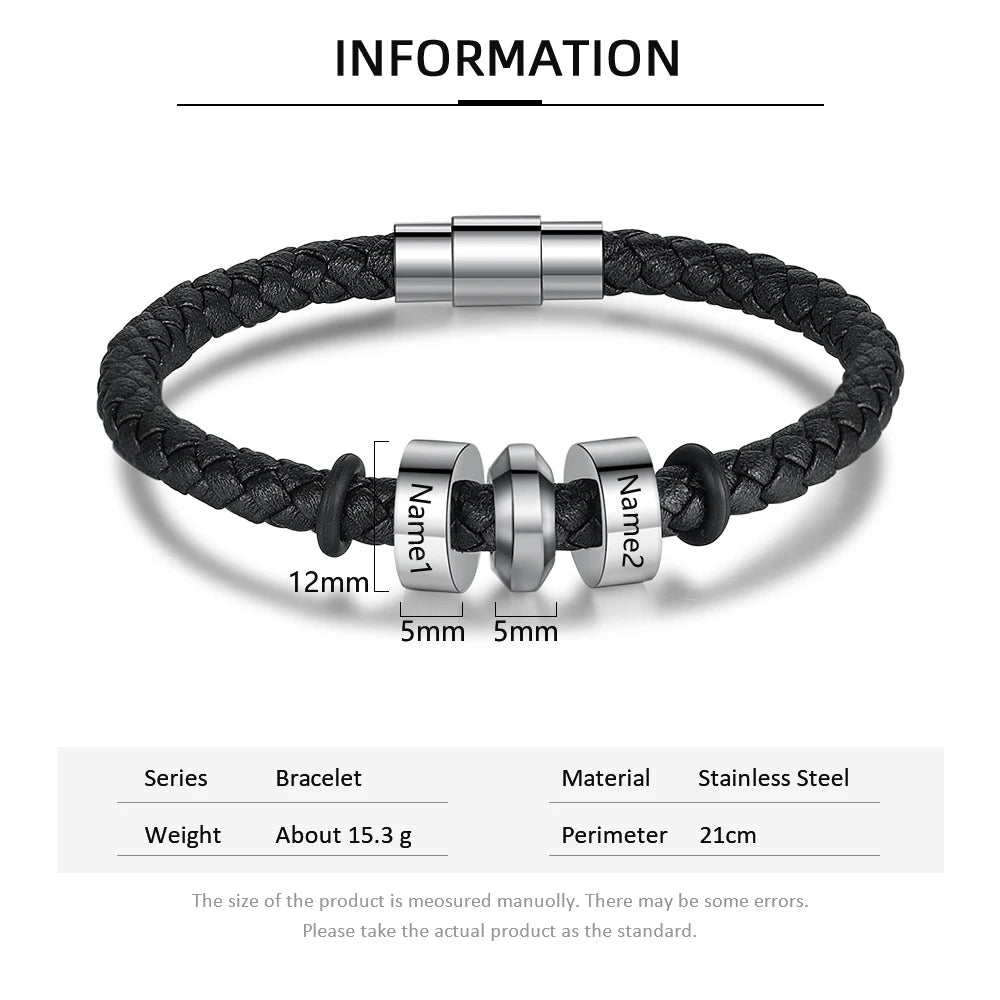 Pulsera de cuero negro de acero inoxidable para hombre