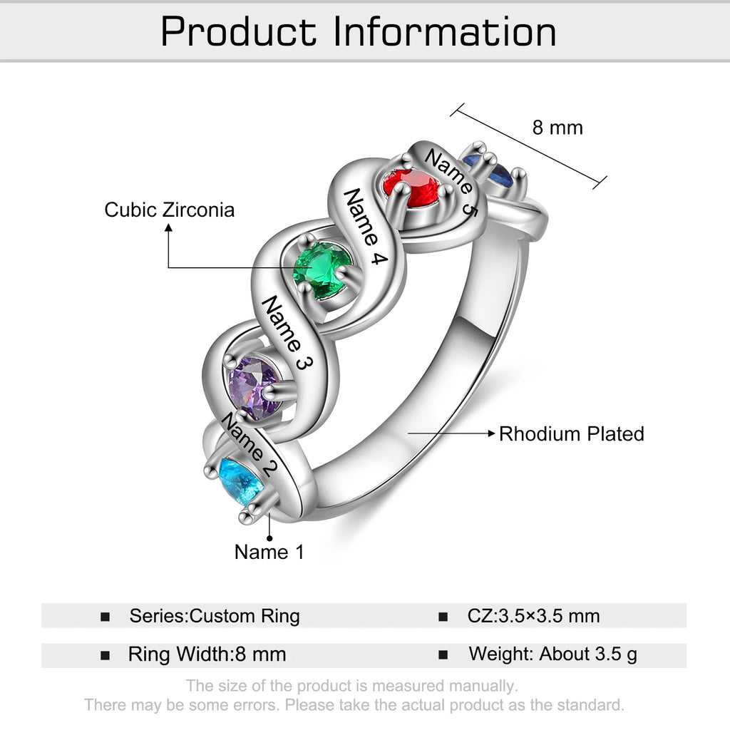 Anillo de compromiso personalizado con grabado de 5 nombres para mujer