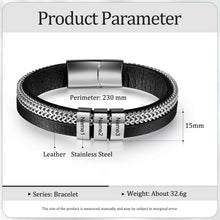 Load image into Gallery viewer, Pulsera de cuero y cadena metálica personalizada con 3 cuentas grabadas con nombre