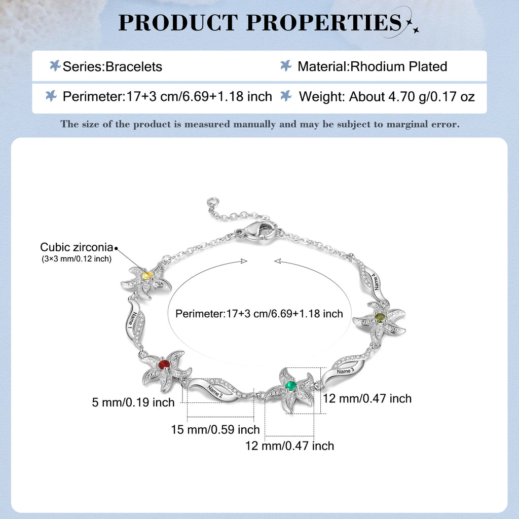 Pulsera personalizada de estrella de mar con piedra natal incrustada
