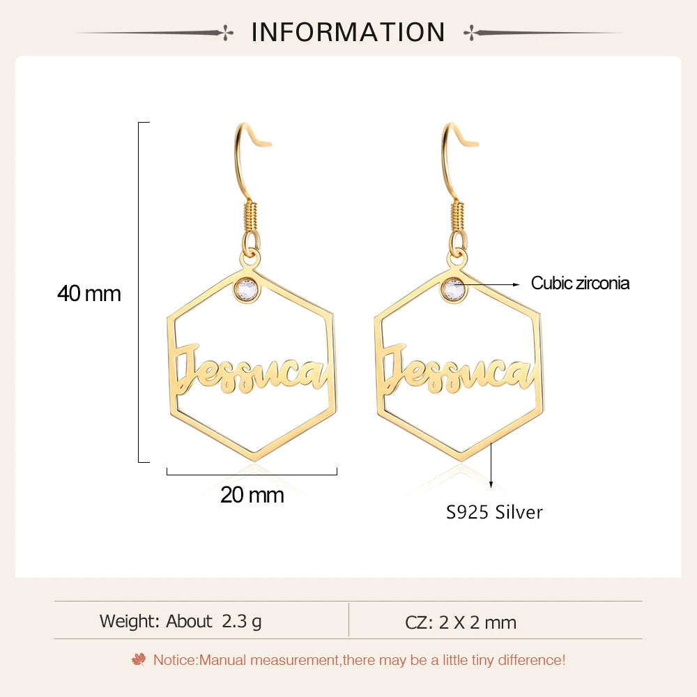 Pendientes hexagonales con nombre personalizado