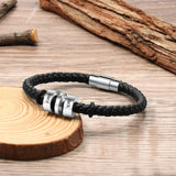 Pulsera de cuero negro de acero inoxidable para hombre