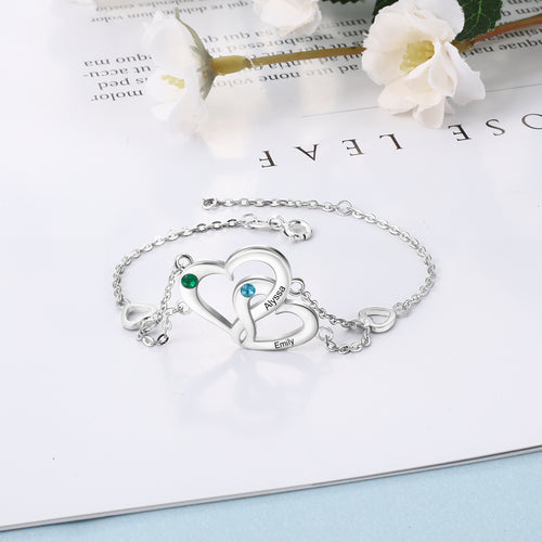 Pulsera de corazón entrelazado personalizada con piedra natal para mujer