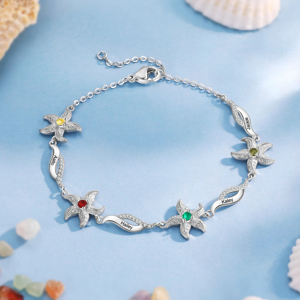 Pulsera personalizada de estrella de mar con piedra natal incrustada