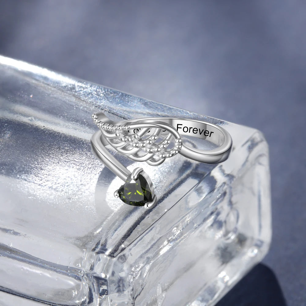 Anillo grabado personalizado de Color plateado con piedra natal de corazón