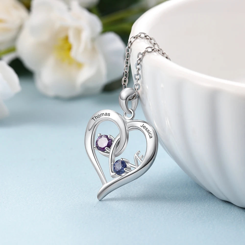 collar de corazón personalizado de plata de ley 925 con piedra natal