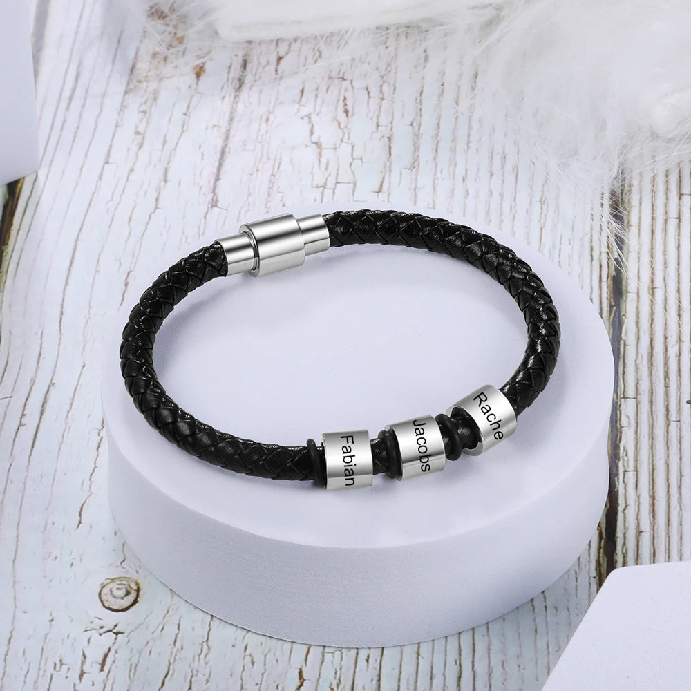 Pulseras de cuero negro personalizadas para hombre