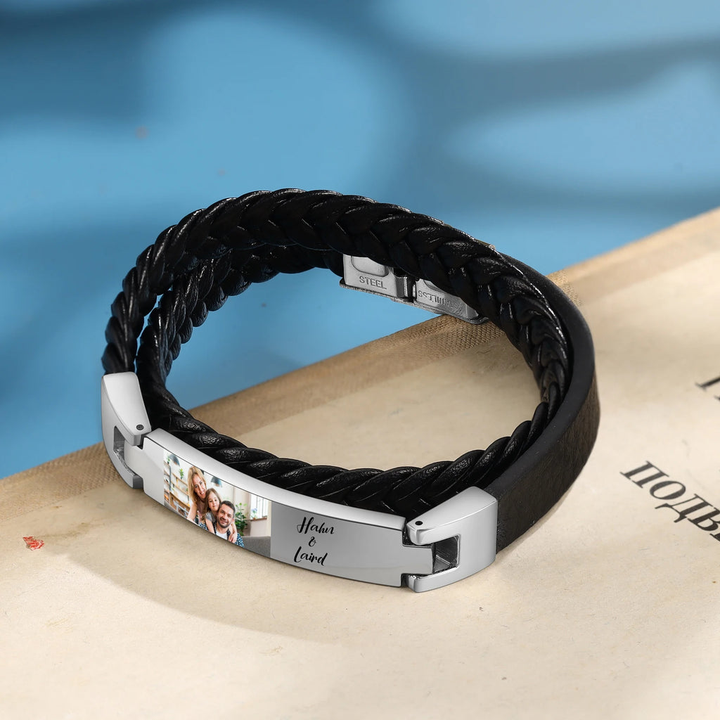 Pulsera de cuero con foto personalizada para hombre