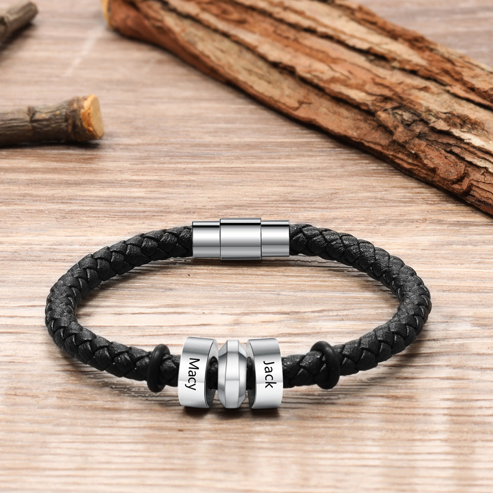 Pulsera de cuero negro de acero inoxidable para hombre