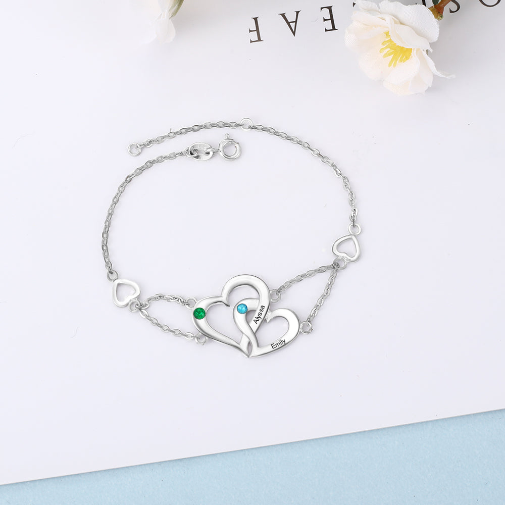 Pulsera de corazón entrelazado personalizada con piedra natal para mujer