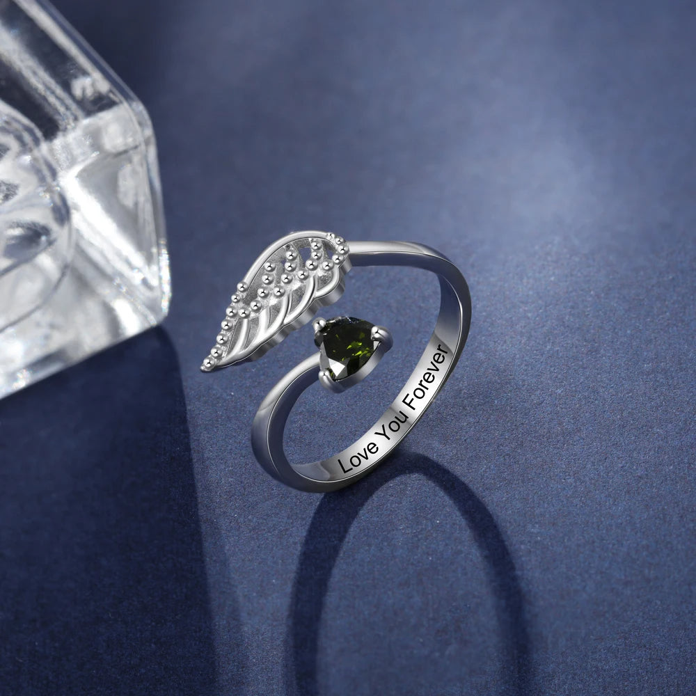 Anillo grabado personalizado de Color plateado con piedra natal de corazón
