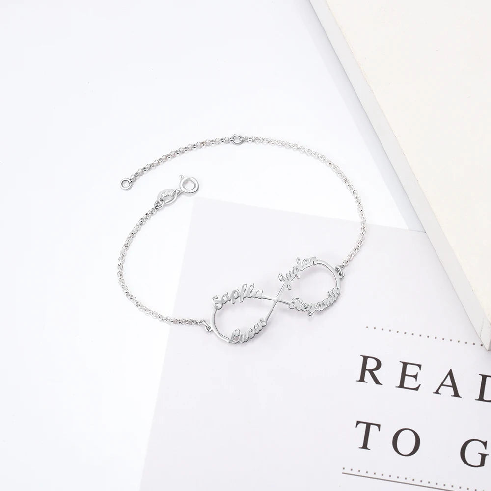 Pulseras de plata de ley 925 personalizadas con nombre infinito para mujer