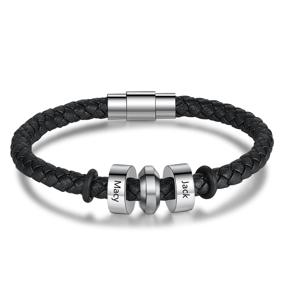 Pulsera de cuero negro de acero inoxidable para hombre