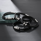 Pulsera personalizable de cuero y cuentas de acero inoxidable para hombre