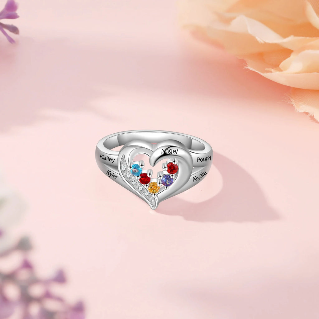 Anillo de corazón de amor personalizado con 2-5 piedras de nacimiento familiares