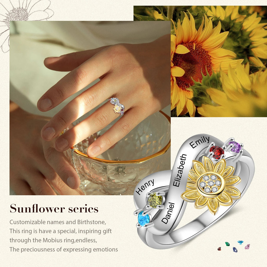 Anillos delicados personalizados con nombre de girasol para mujer