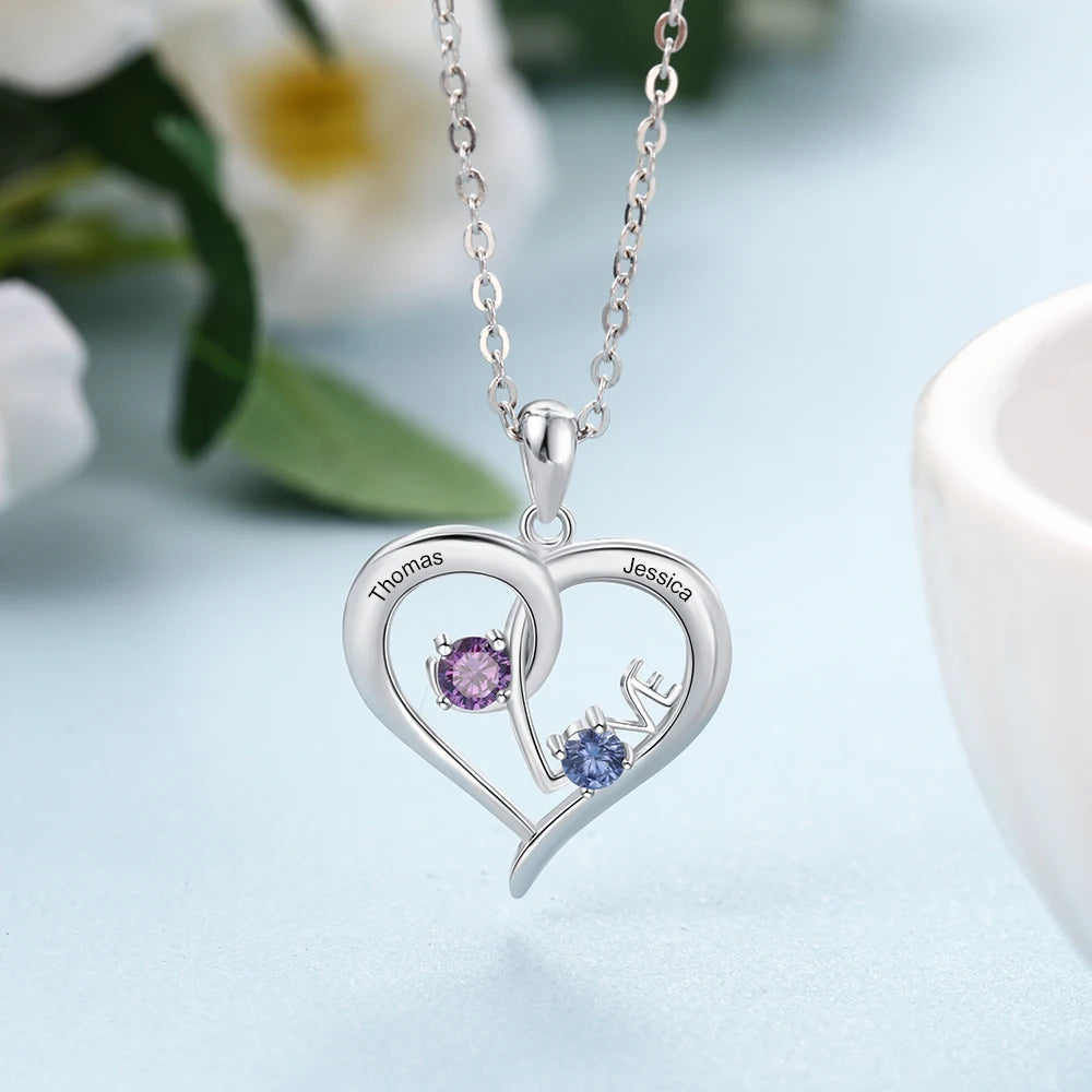 collar de corazón personalizado de plata de ley 925 con piedra natal