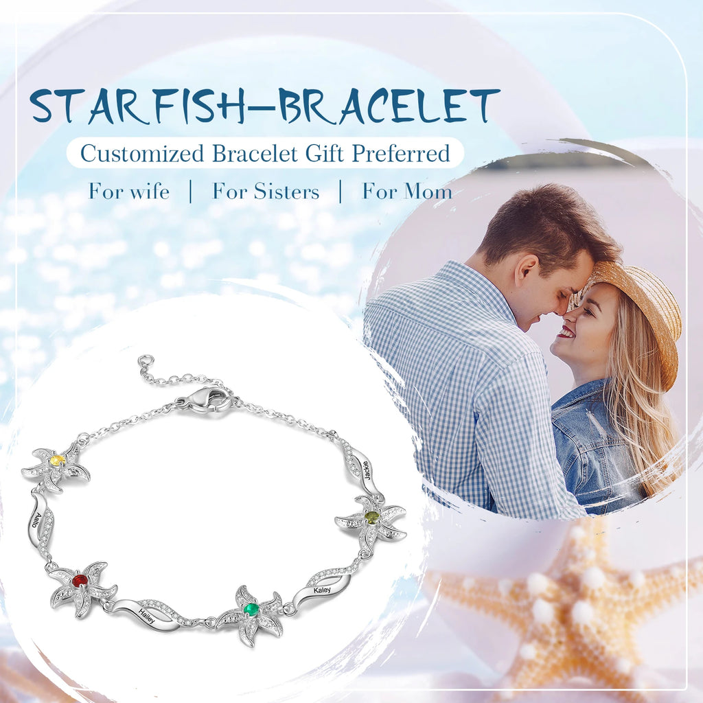 Pulsera personalizada de estrella de mar con piedra natal incrustada