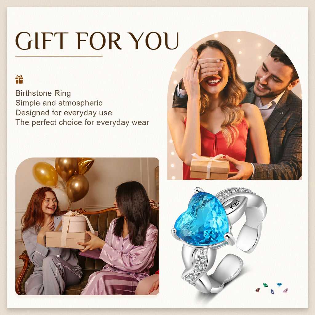 Anillo de piedra natal de corazón personalizado clásico