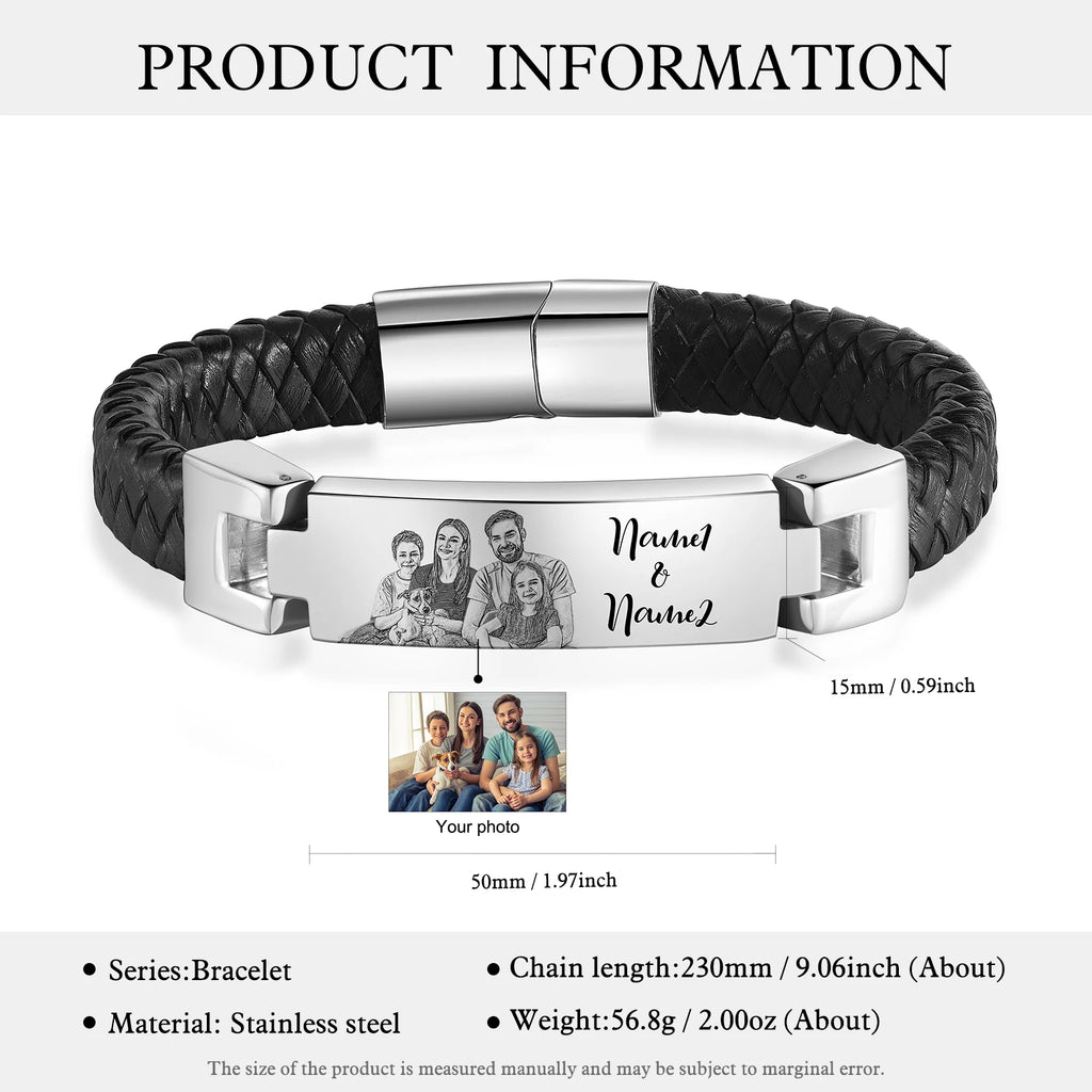 Pulsera de cuero con foto personalizada para hombre