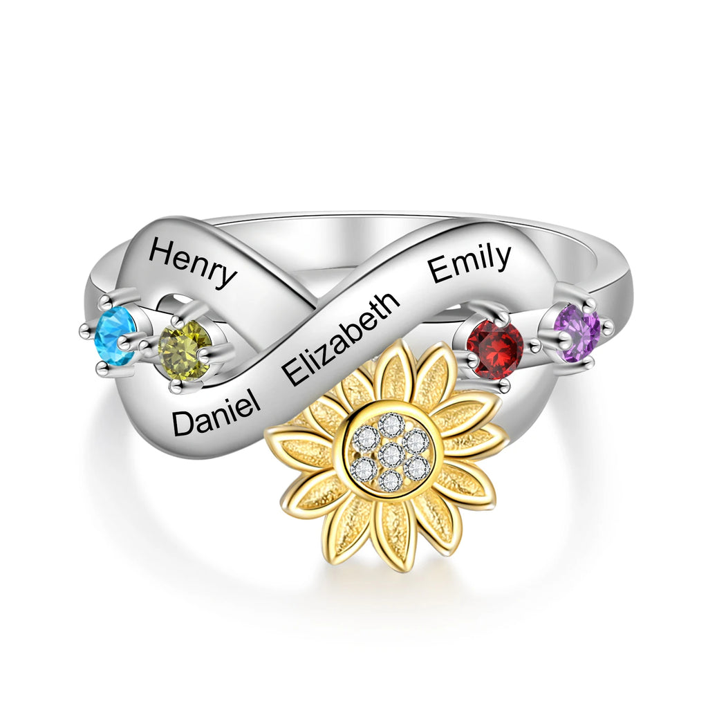 Anillos delicados personalizados con nombre de girasol para mujer