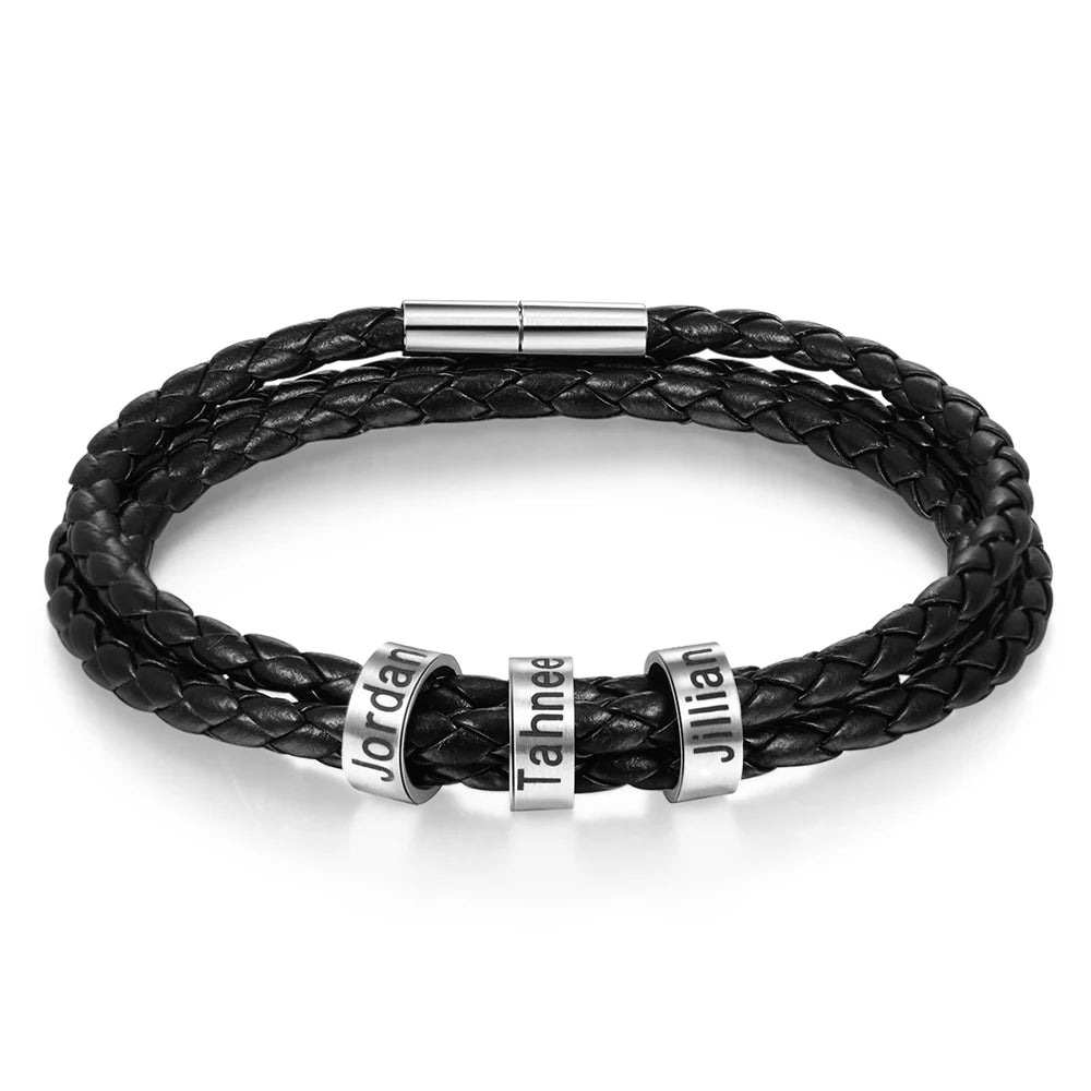 Pulsera personalizable de cuero y cuentas de acero inoxidable para hombre