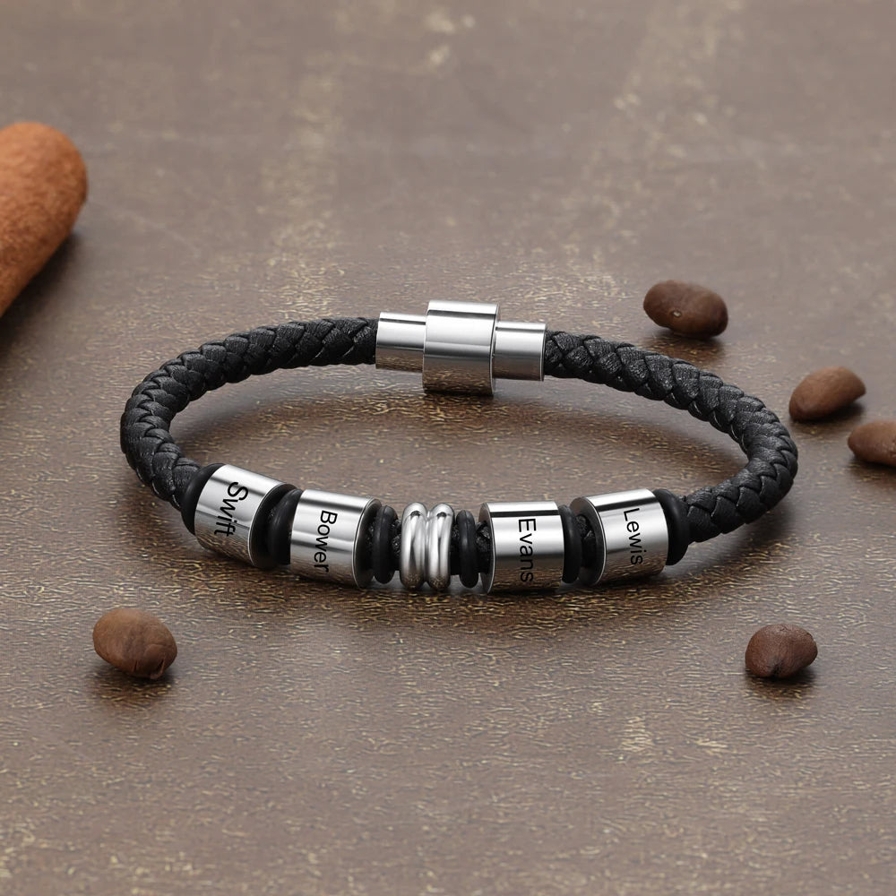 Pulseras de cuero negro personalizadas para hombre