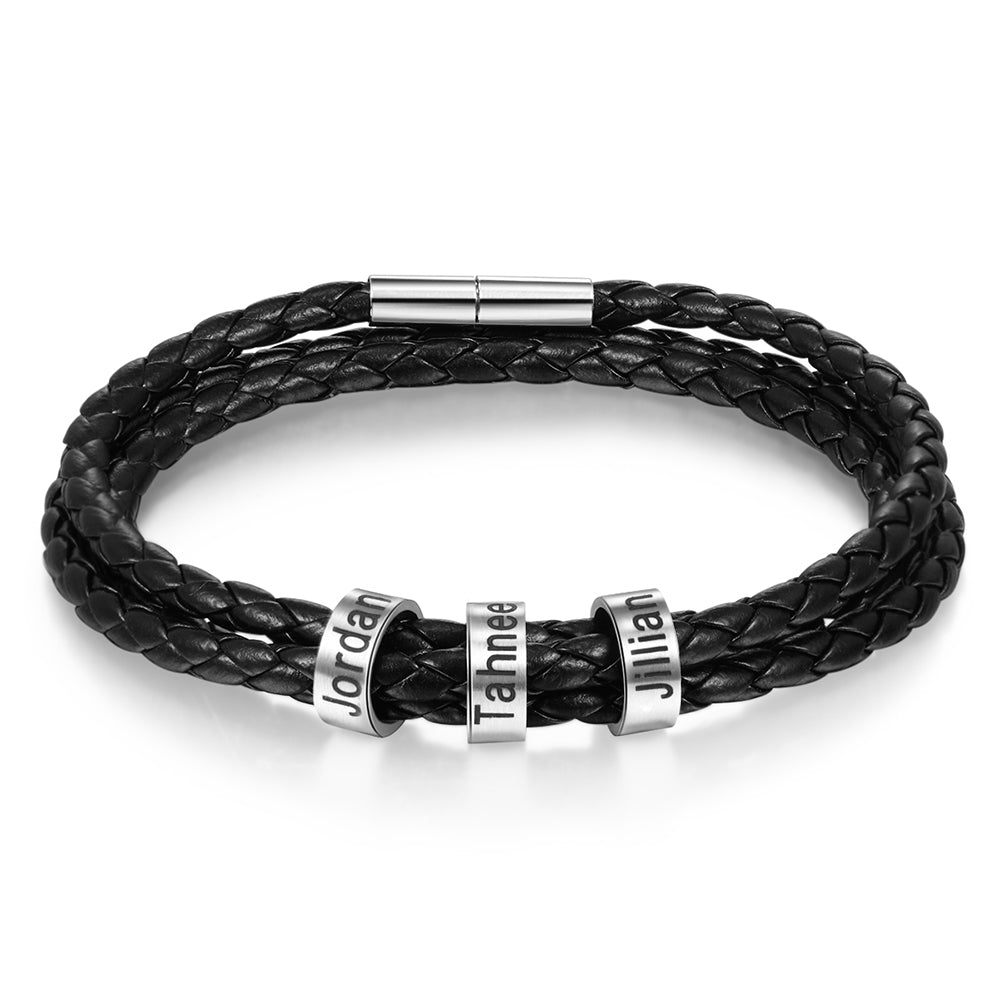 Pulsera personalizable de cuero y cuentas de acero inoxidable para hombre