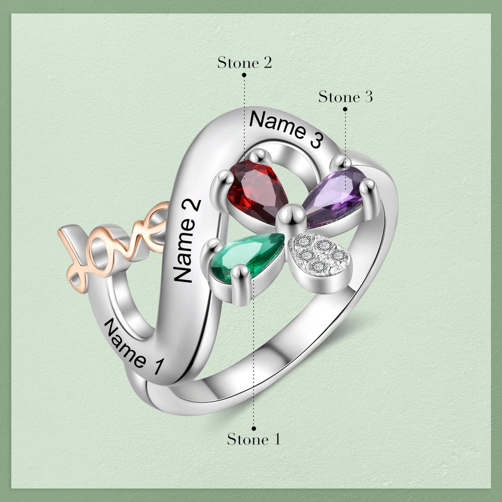 Anillos personalizados de amor y flor para mujer, joyería con grabado de 2-4 nombres