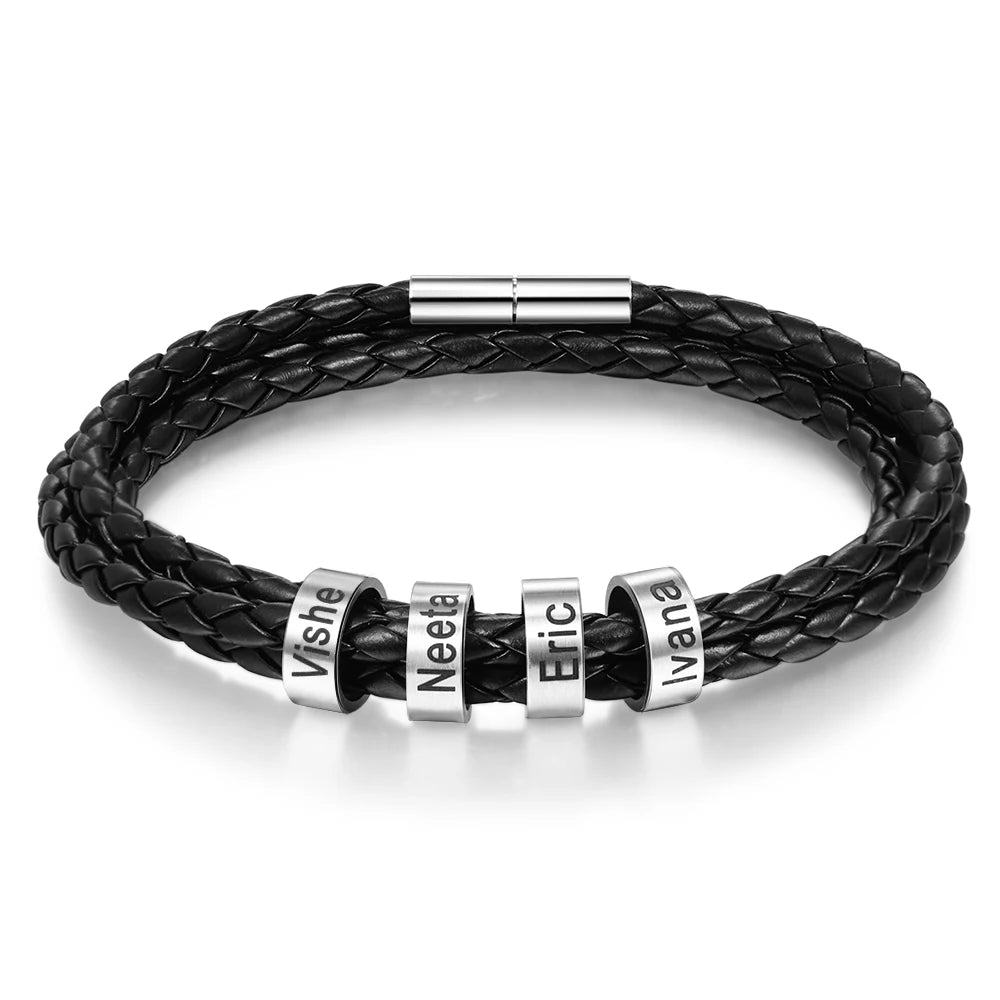 Pulsera personalizable de cuero y cuentas de acero inoxidable para hombre