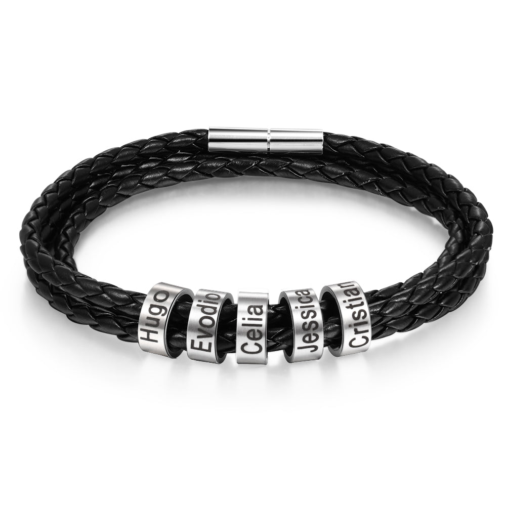 Pulsera personalizable de cuero y cuentas de acero inoxidable para hombre