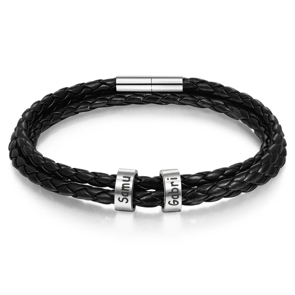 Pulsera personalizable de cuero y cuentas de acero inoxidable para hombre