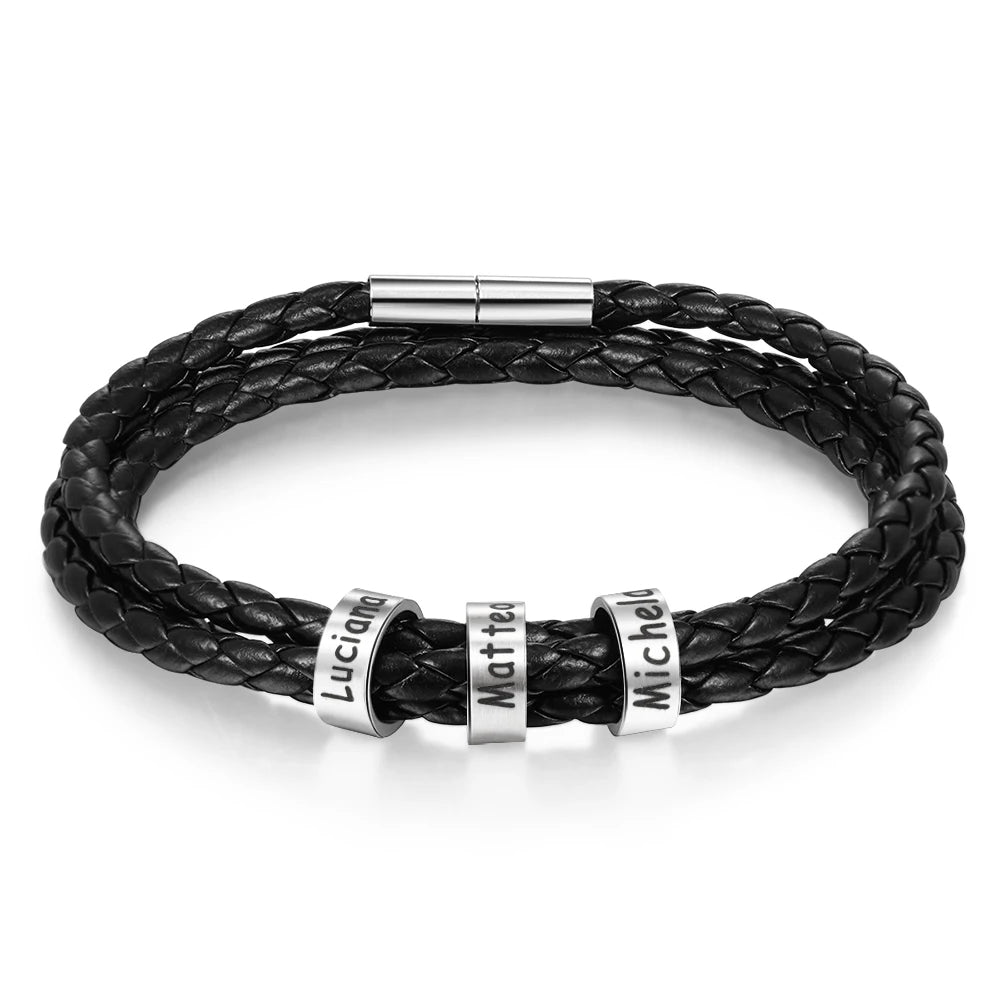 Pulsera personalizable de cuero y cuentas de acero inoxidable para hombre