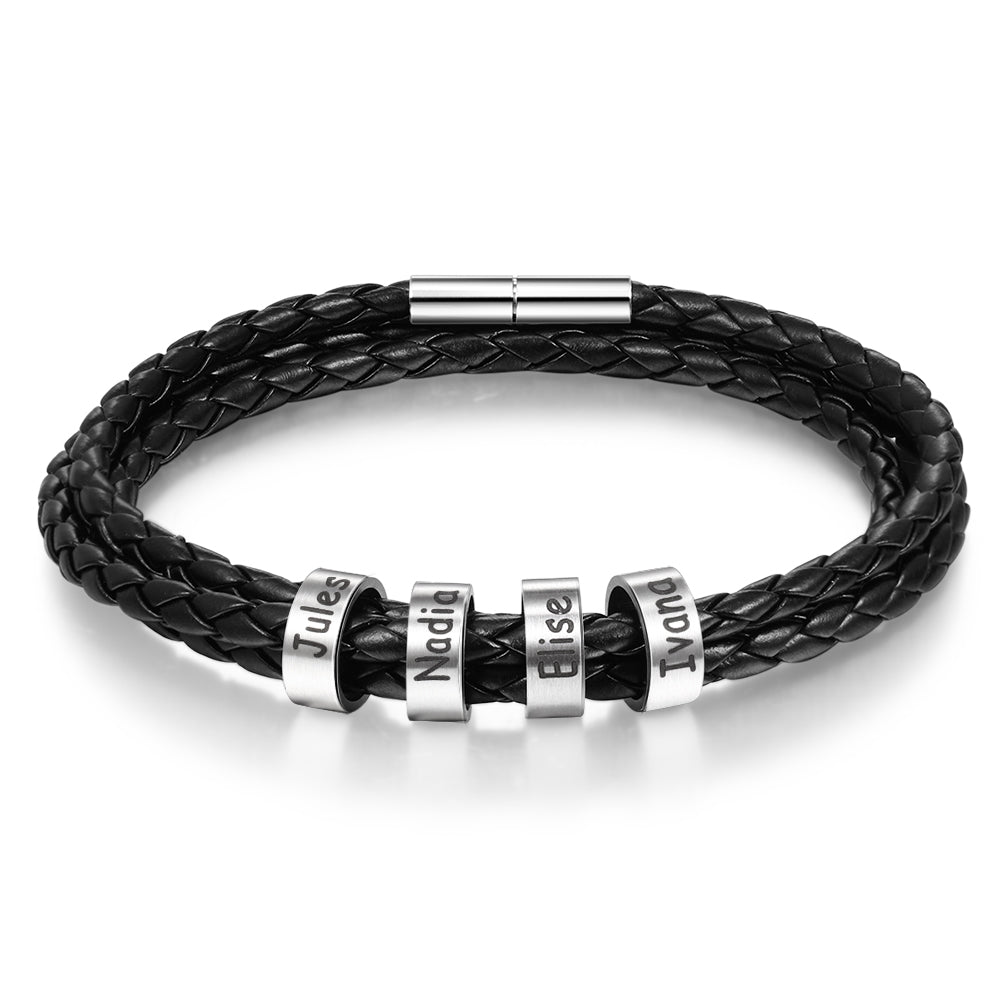 Pulsera personalizable de cuero y cuentas de acero inoxidable para hombre