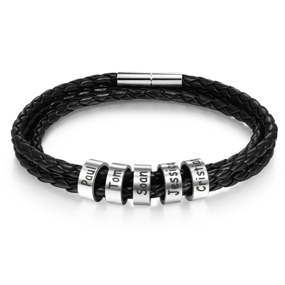 Pulsera personalizable de cuero y cuentas de acero inoxidable para hombre