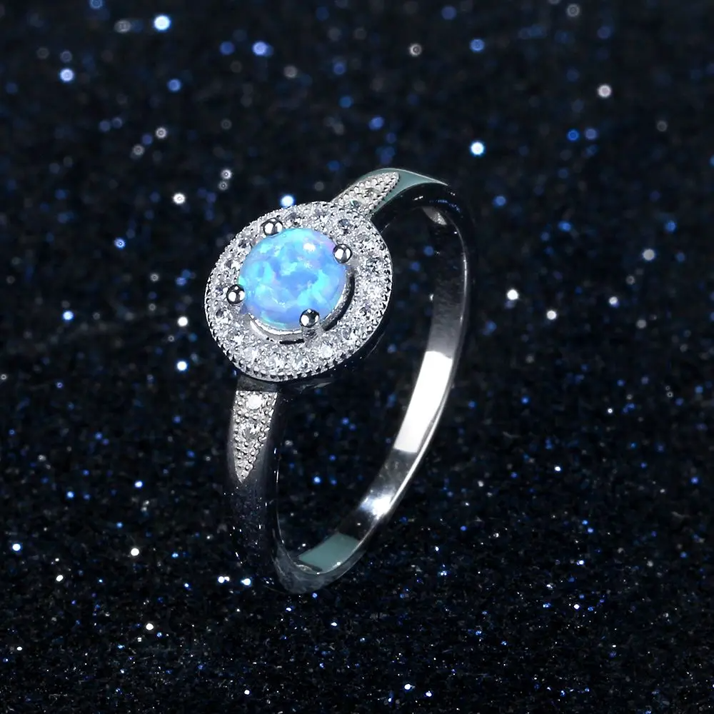 Anillo de Color con ópalo azul redondo de 5mm para mujer