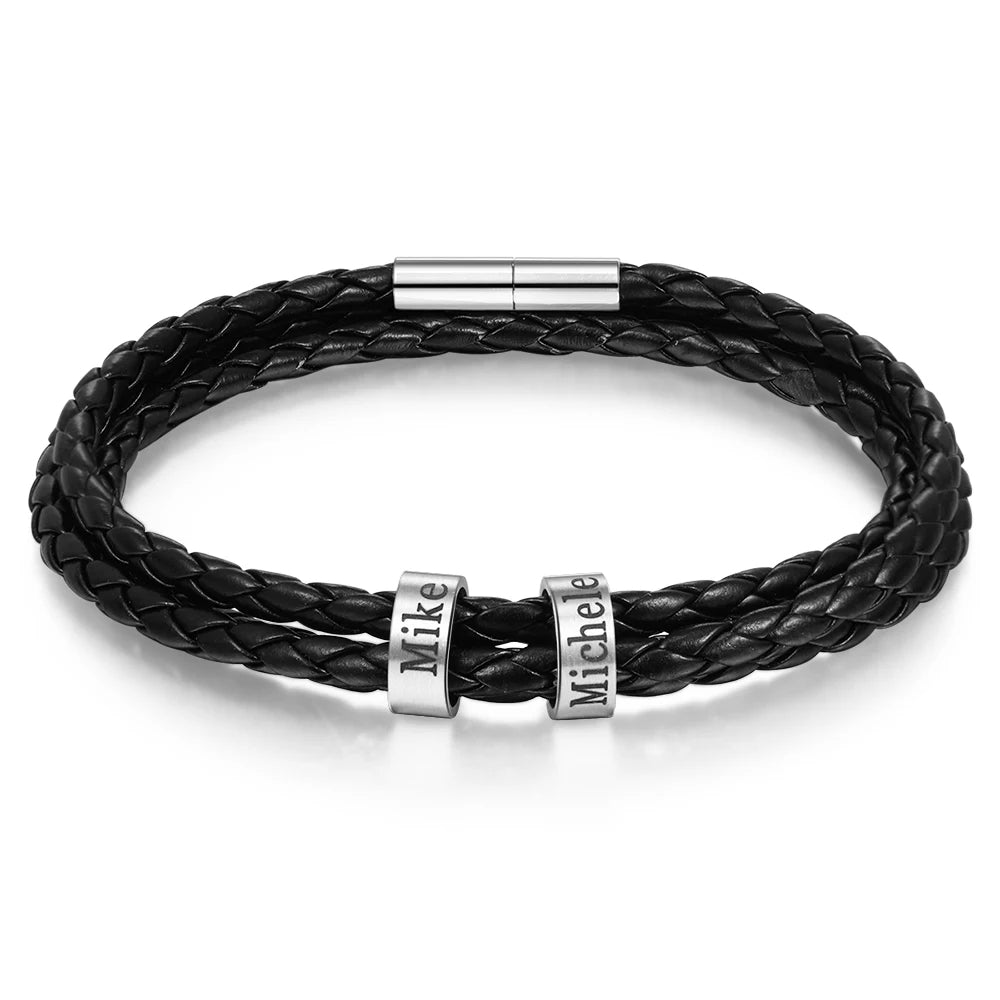 Pulsera personalizable de cuero y cuentas de acero inoxidable para hombre