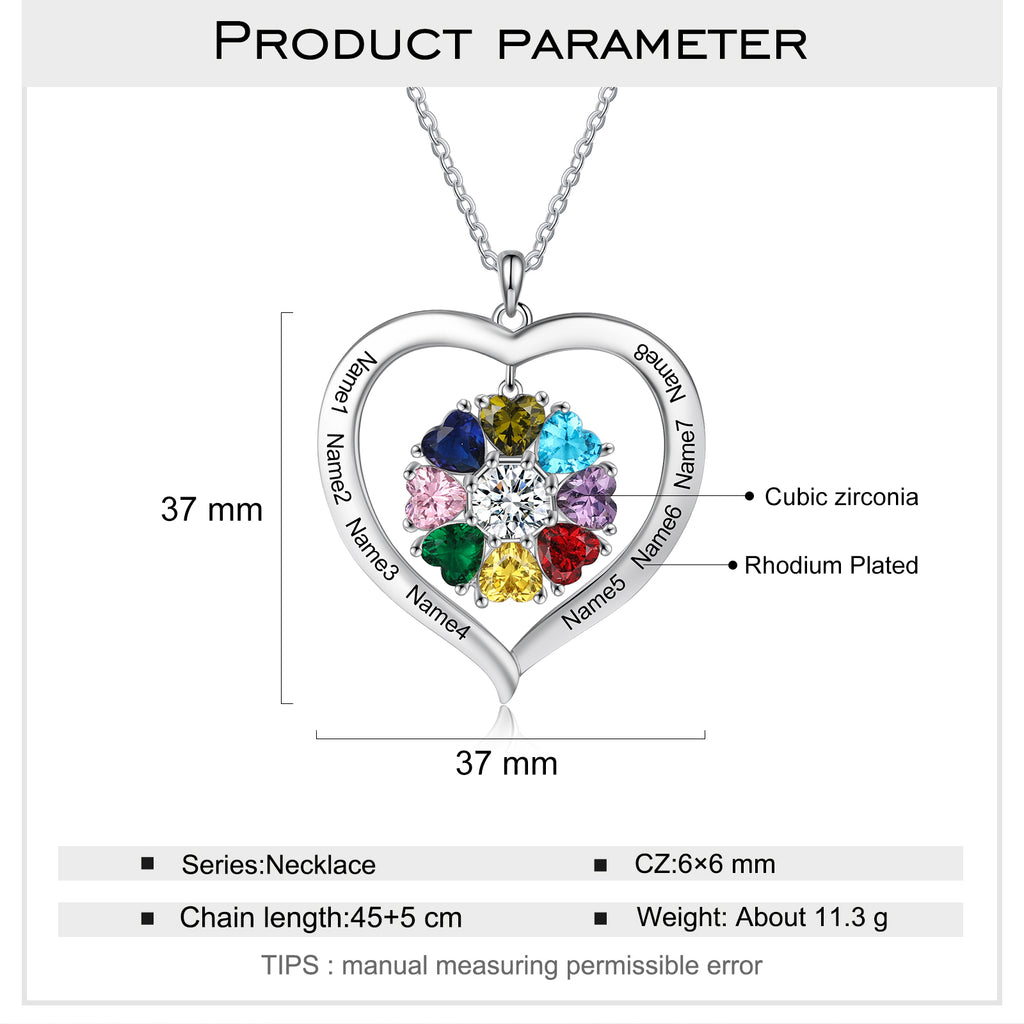 collar de corazón personalizado con grabado de 1-8 nombres