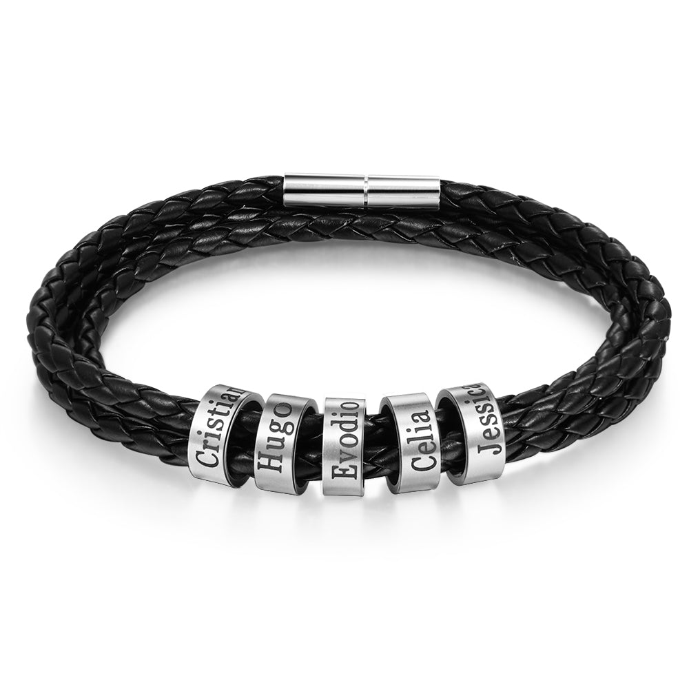 Pulsera personalizable de cuero y cuentas de acero inoxidable para hombre