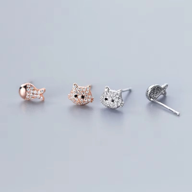 dazzling-pendientes de plata de ley 925 con cara de gato y pez, joyería fina, con cierre de tuerca