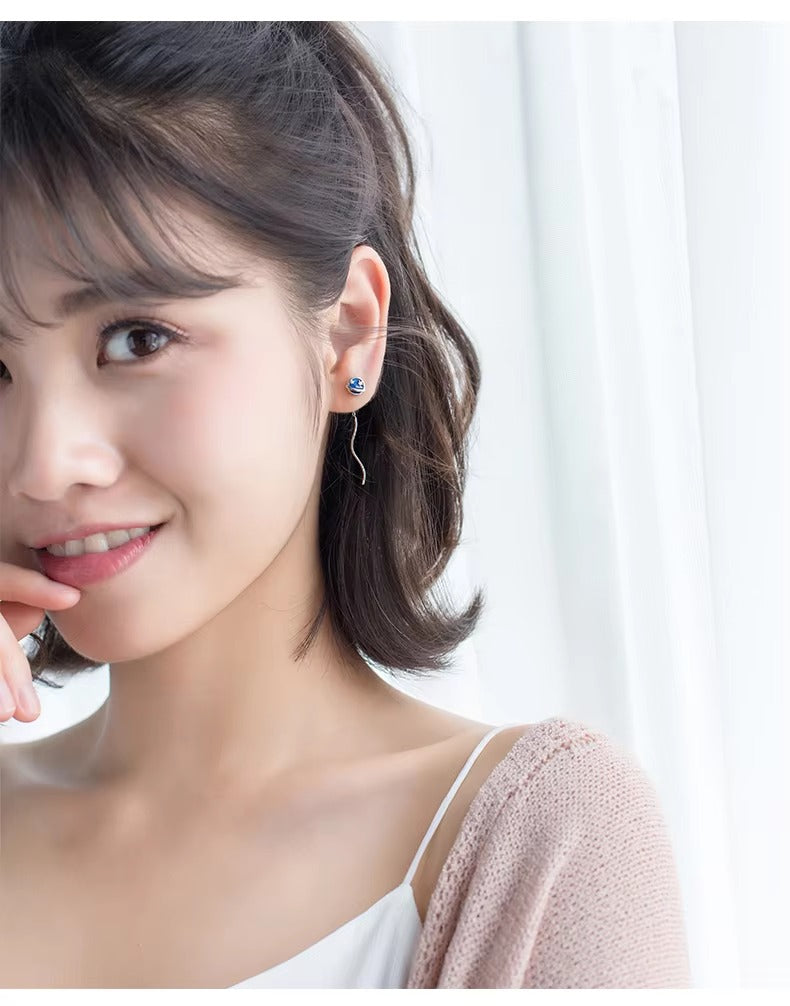 pendientes de gota de Planeta y Luna esmaltados para mujer, cadena larga de Plata de Ley 925