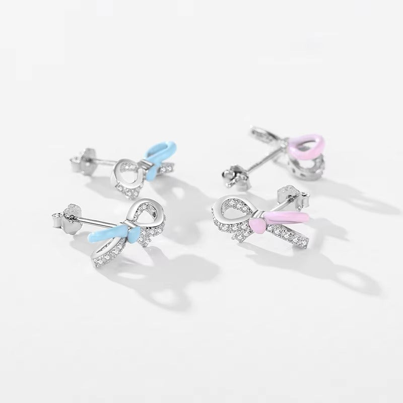 pendientes de plata de ley 925 para mujer, aretes con cierre de tuerca, esmalte azul rosa, lazo