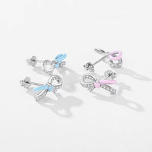 Load image into Gallery viewer, pendientes de plata de ley 925 para mujer, aretes con cierre de tuerca, esmalte azul rosa, lazo