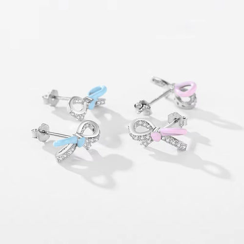 pendientes de plata de ley 925 para mujer, aretes con cierre de tuerca, esmalte azul rosa, lazo