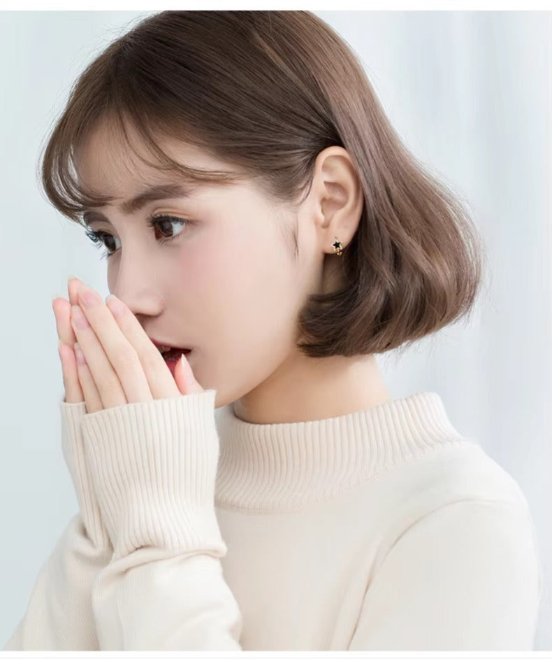 Pendientes de aro esmalte negro joyería con estrellas para niñas y mujeres Color oro