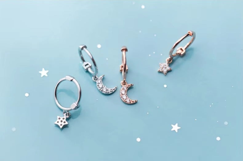 pendientes de aro de Plata de Ley 925 con forma de Luna y estrella centelleante para mujer