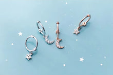 Load image into Gallery viewer, pendientes de aro de Plata de Ley 925 con forma de Luna y estrella centelleante para mujer