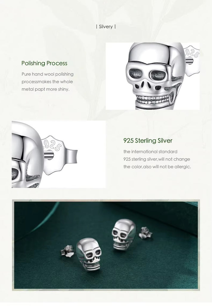 pendientes de plata de primera ley con forma de calavera para hombre y mujer, aretes pequeños