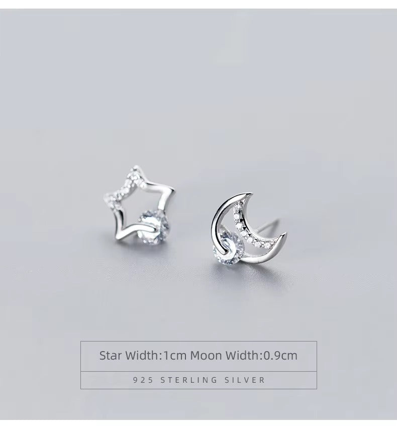 pendientes de plata de ley 925 con forma de luna y estrellas para mujer